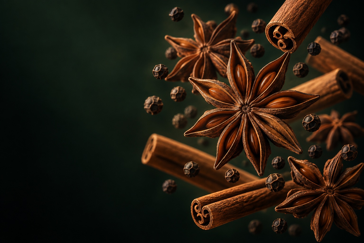 A sculptural composition of star anise, cassia and black pepper